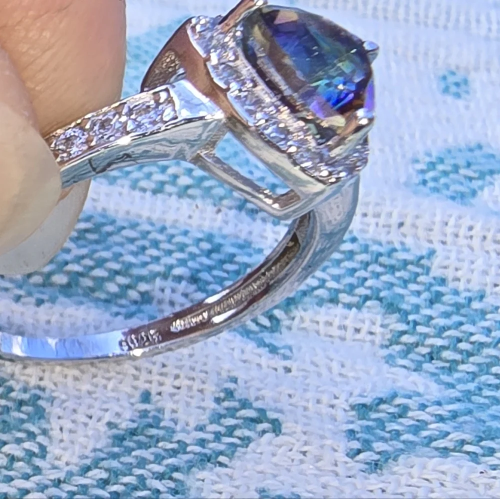 Mystic Topaz Rainbow Trilliant (Trillion) Cut 925 Sterling Silver Ring Pave